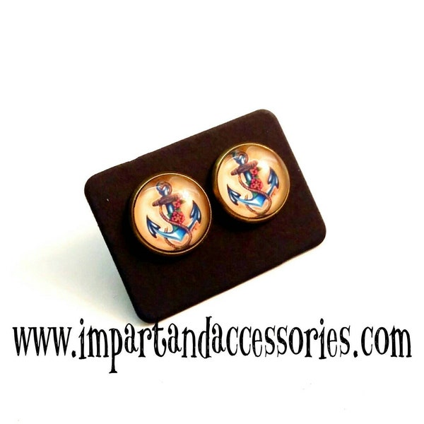 FLORAL ANCHOR-12 mm POST/Stud/Faux Plug Blue Anchor Red Floral Bronze Setting Glass Cabochon Earrings