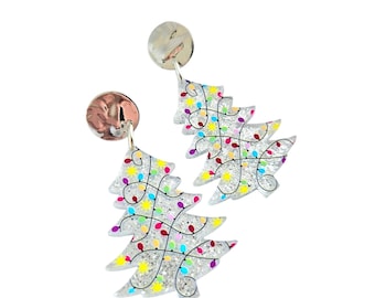 Retro Christmas Tree earrings. Silver glitter, laser cut acrylic posts dangle.