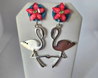 TROPICAL DELIGHT- Tropical flower Post/stud silver flamingo charm earrings.