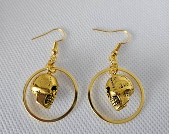 SKULL CIRCLE DANGLES- round metal gold skull circle earrings.