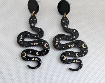 MYSTIC SNAKE EARRINGS-planar etched black and gold sparkle snake dangle stud post earrings.