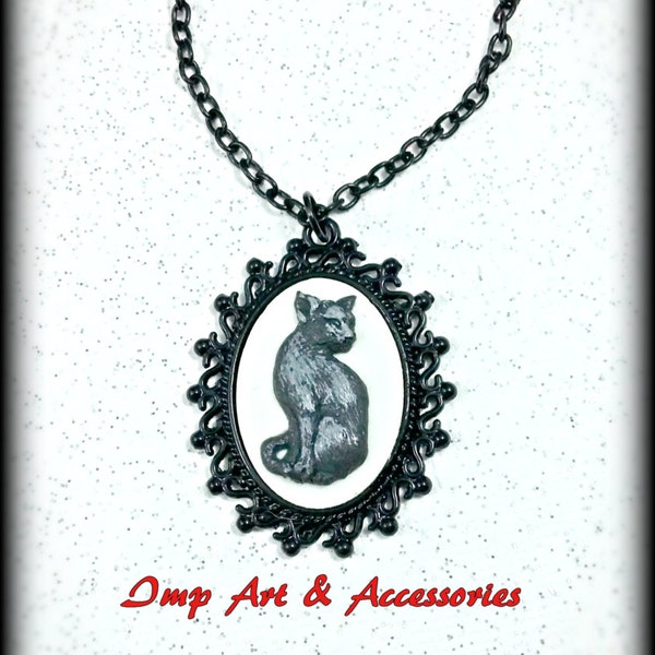 MOONLIGHT MEOWS-18 x 25 mm Patina Light Silver Hand painted Black and White Cat Cameo Pendant Necklace Black Chain