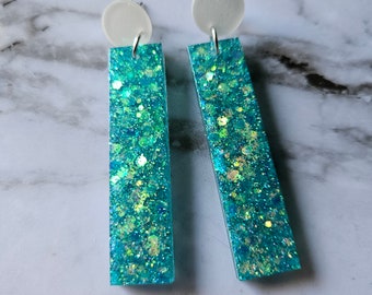 WATER WORKS- hand crafted resin aqua glitter bar post stud earrings.