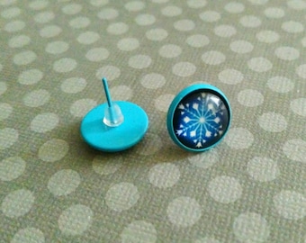 BLUE SNOWFLAKES-12 mm Post/Stud/Faux Plug BLUE Setting Glass Cabochon Earrings