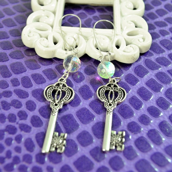 ROYAL KEY-Silver Charm and Iridescent Crystal Key Earrings