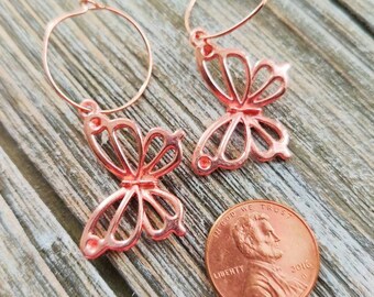 Butterfly Hoops- 25 mm rose gold hoops with rose gold Butterfly charms.