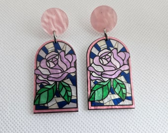 ROMANTIC ROSE-laser cut acrylic rose colored glass dangle stud post earrings.