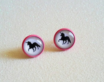 PINK UNICORN-12 mm Post/Stud/Faux Plug PINK Setting Glass Cabochon Earrings