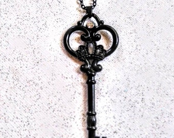 GOTHIC BLACK KEY- double sided black rhinestone key pendant necklace.