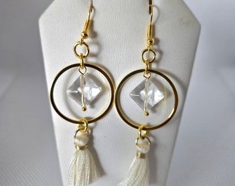 IVORY TASSEL DANGLES- round crystal charm tassel earrings.