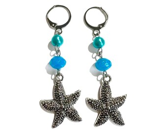 Swinging Starfish-silver starfish teal aqua pearl crystal charm dangle earrings.