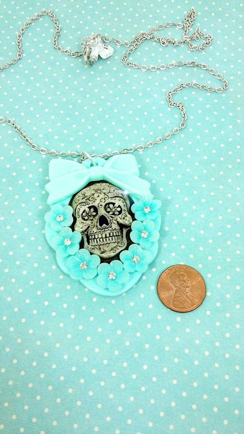 30 x 40 mm Aqua Blue Dis De Los Muertos Floral Bow Cameo Necklace FLORAL SENORITA CAMEO