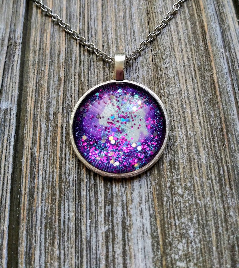 GLITTER GALAXY-handmade glitter glass cabochon silver cameo necklace