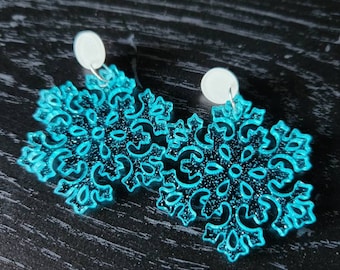 HOLIDAY EARRINGS- Aqua glitter acrylic snowflake charm post earrings.