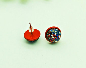 RED WHITE and BLUE-12 mm Post/Stud Red Setting With 12 mm Glitter Resin Cabochon Earrings