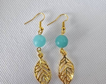 JADE LEAF DANGLES- round green jade gold leaf earrings.