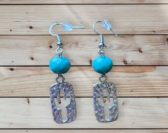 CACTUS QUEEN- Silver and aqua cactus charm earrings.