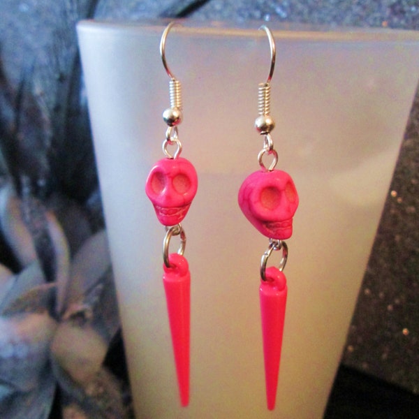 Pop Rock Skull and Spike dangle earrings in hot pink