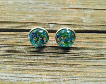 MERMAID GLITTER-12 mm Post/Stud/Faux Plug Silver Setting Resin Cabochon Earrings