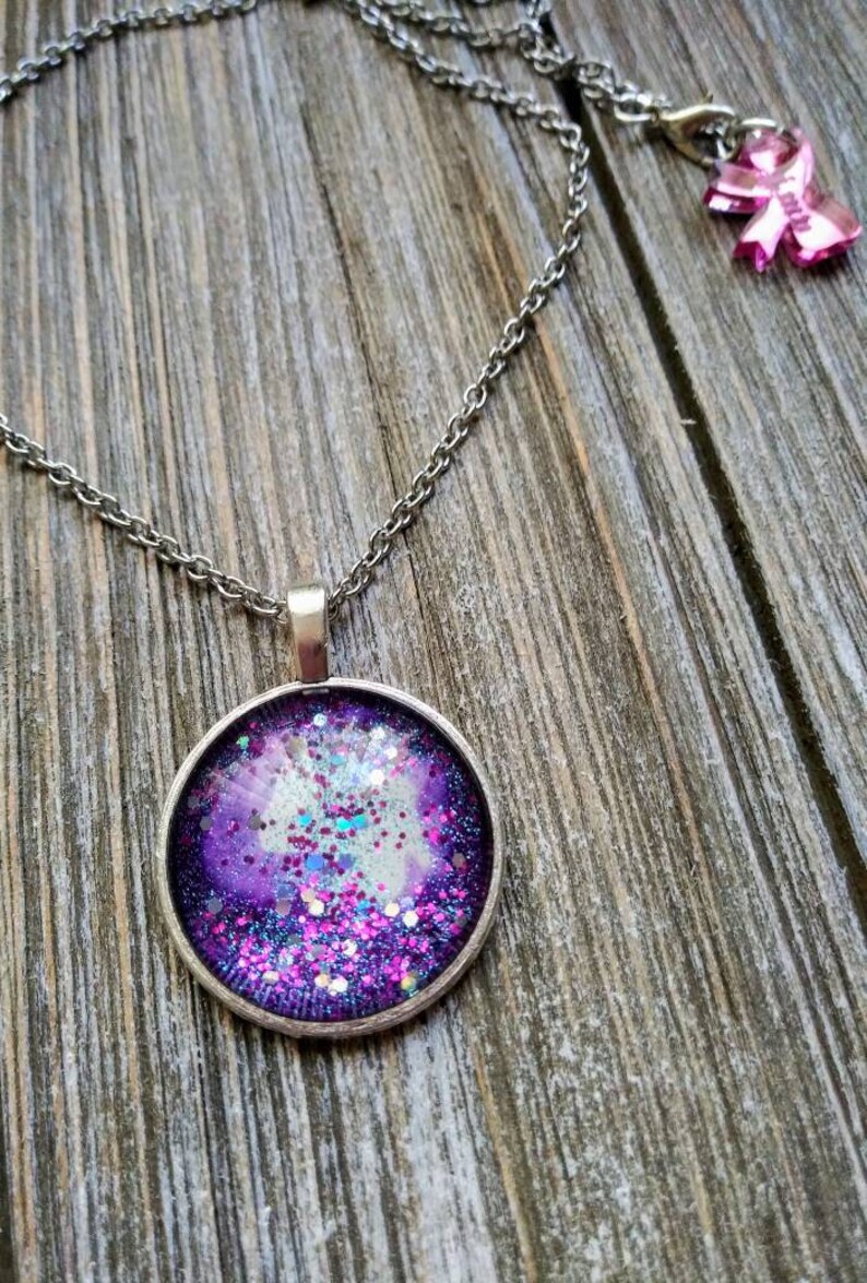 GLITTER GALAXY-handmade glitter glass cabochon silver cameo necklace