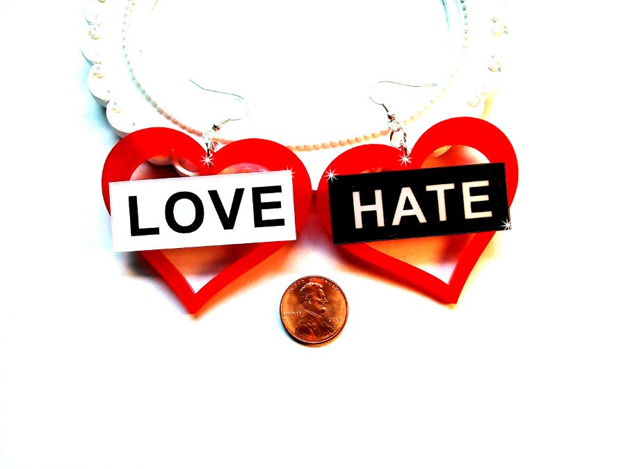 LOVE HATE HEART Earrings-Word Cabochon Double Layer Heart | Etsy