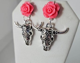 SOUTHERN BELLE- pink rose flower Post/stud silver cowskull charm earrings.