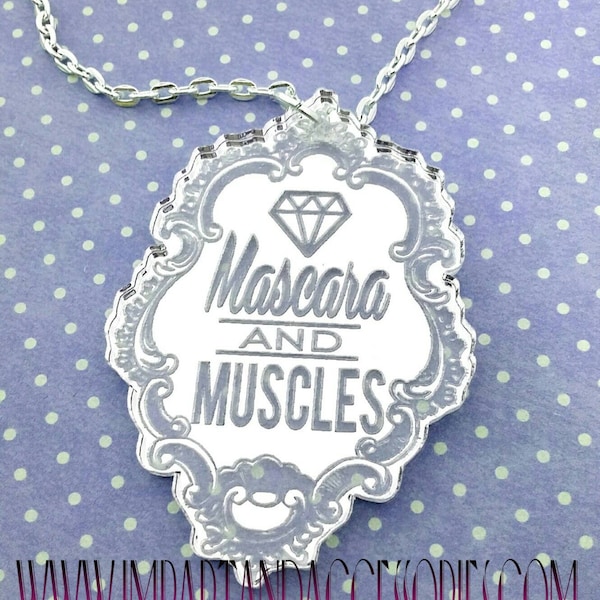 MASCARA & MUSCLES-Silver Mirror Etched Laser Cut Acrylic Filigree Pendant Necklace