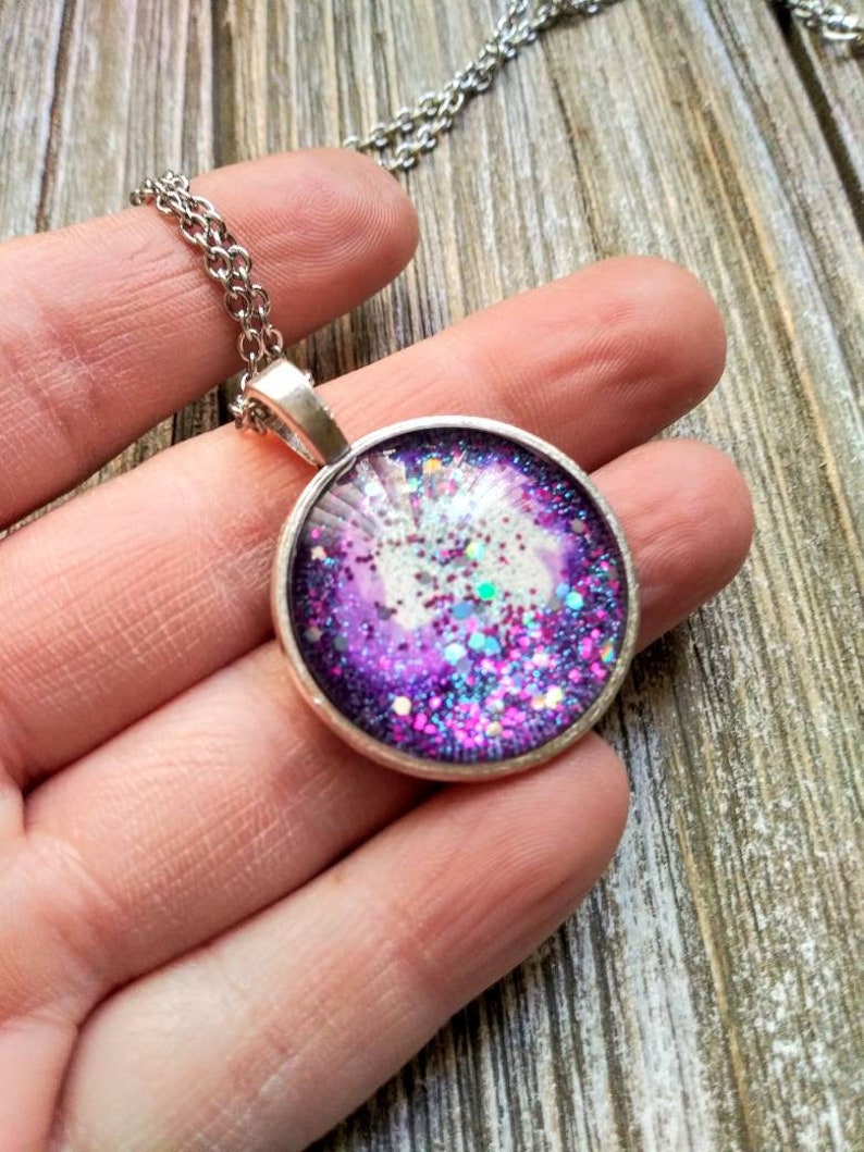 GLITTER GALAXY-handmade glitter glass cabochon silver cameo necklace