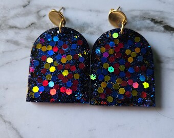Uptown Girl- hand crafted resin glitter tombstone post stud earrings.