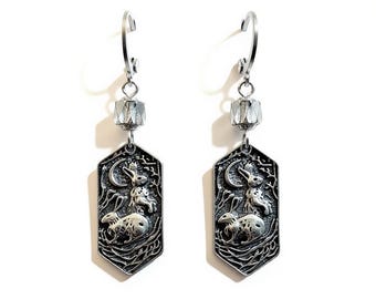 Moonlight Rabbits-dangle silver moonlight rabbit charm earrings with grey crystals.