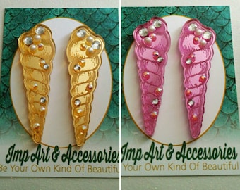 SPIRAL SHELL COUTURE Earrings-You Choose Your Color Glam Mermaid Jewelry in Etched Laser Cut Acrylic with Pearls and Rhinestones.