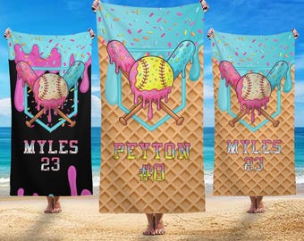 Custom Baseball Drip Beach Towel,ersonalized Ice Cream Drip Baseball Beach Towel,softball Ice Cream Drip,softball game For Players Birthday