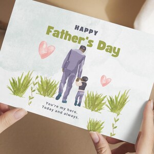 Fathers Day Greeting Card  You're My Hero  Printed Card with Watercolor Dad and Child Heartfelt Fathers Day Gift