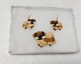 Brooch And Earring Set Tibetan Spaniel Puppy Dog Polymer Clay Jewelry Vintage From 1990s