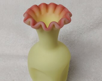 Fenton Art Glass Burmese Square Vaseline Vase Satin Finish Vintage Pre 1970