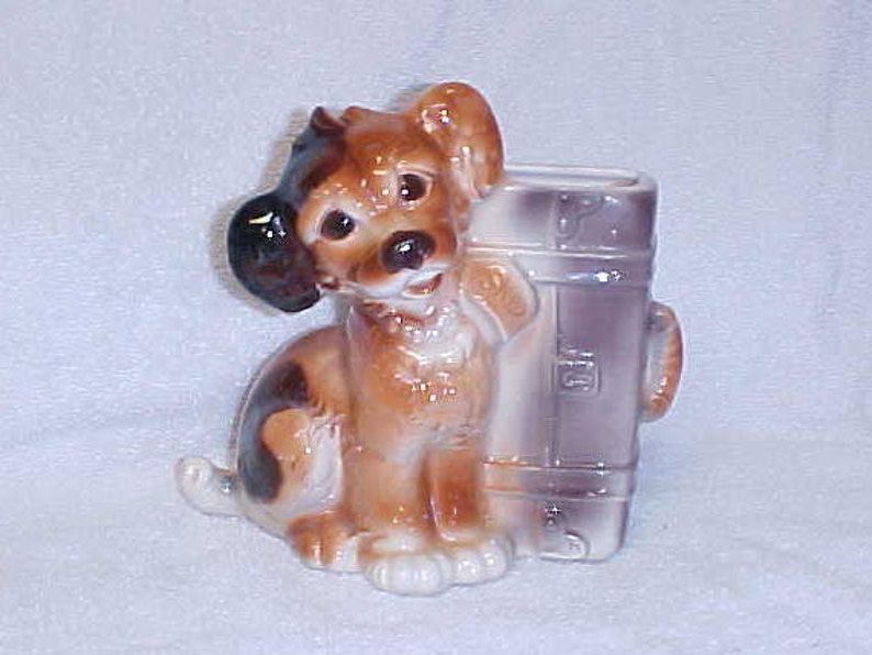 Royal Copley Terrier Pup With Suitcase Vintage Dog Figurine Planter Ceramic Pottery Vase 1940's image 1