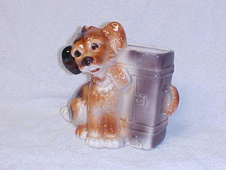 Royal Copley Terrier Pup With Suitcase Vintage Dog Figurine Planter Ceramic Pottery Vase 1940's image 2