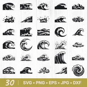 May include: A collection of 30 black and white wave illustrations in various styles. The designs include crashing waves, curling waves, and stylized wave patterns. The bottom of the image displays the text "30 | SVG • PNG • EPS • JPG • DXF."