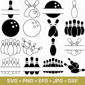 Pode incluir: Uma coleção de gráficos digitais em preto e branco com tema de boliche, apresentando vários arranjos de pinos e bolas, incluindo designs com espaço para nomes, silhuetas sólidas e ícones. O texto SVG, PNG, EPS, JPG, DXF está na parte inferior.