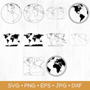 Op de afbeelding: Een verzameling van tien zwart-wit wereldkaartillustraties met diverse wereldbolprojecties, platte kaartlay-outs en cirkelvormige ontwerpen. De afbeeldingen bevatten zowel effen zwarte silhouetten als omlijnde kaartcontouren op een witte achtergrond.