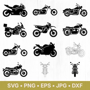 Peut inclure: Une collection de douze illustrations de motos présentant divers styles, notamment des motos sportives, des cruisers, des motos tout-terrain et des modèles de tourisme. Les designs sont présentés en silhouettes noires et en traits, montrant différents cadres, roues et configurations de moteur.