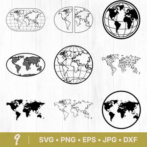 May include: Nine black and white world map designs in various styles, including oval, split, and globe shapes. The designs are outlined and filled, with the text "SVG • PNG • EPS • JPG • DXF" at the bottom.