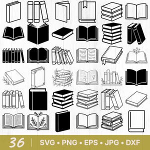 May include: A collection of 36 black and white digital icons featuring various books in different orientations, including open books, closed books, and stacked books, some with floral accents, presented as a graphic set for SVG, PNG, EPS, JPG, and DXF.