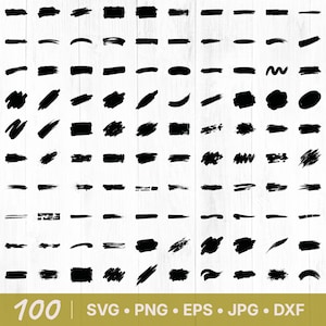 May include: A collection of 100 black brush stroke graphics in various shapes and sizes. The strokes include lines, blobs, and textured marks. The image also includes the text "100 SVG • PNG • EPS • JPG • DXF".
