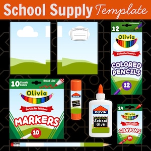 May include: A school supply template featuring two blank notebook covers with sky and grass graphics, a pack of 12 Olivia colored pencils, a pack of 10 Olivia markers, an Olivia glue stick, a bottle of Olivia school glue, 24 crayons, and a pencil.