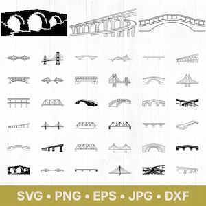 May include: A collection of black and white digital illustrations featuring various bridge designs, including suspension, arch, truss, and highway overpass styles, arranged in a grid format with the text SVG, PNG, EPS, JPG, DXF at the bottom.