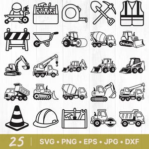 May include: Black and white line art illustrations of construction equipment and tools, including a toolbox, tape measure, shovel, pickaxe, safety vest, road barrier, wheelbarrow, and various construction vehicles. The image also includes a traffic cone and a hard hat.