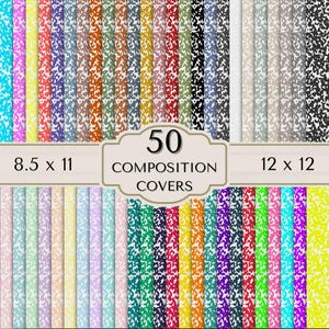 May include: A collection of 50 composition covers in various colors, including blue, green, yellow, and pink. The covers are 8.5 x 11 and 12 x 12 inches. The covers have a speckled pattern and are suitable for notebooks or other paper products.