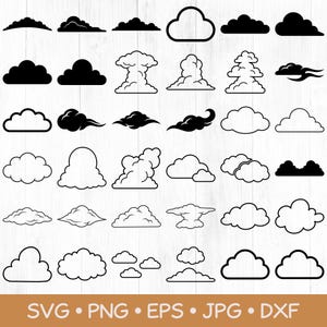 Op de afbeelding: Een verzameling van vijfendertig zwart-witte wolkeniconen gerangschikt in een raster. De set bevat diverse wolkenvormen, waaronder solide silhouetten en omlijnde ontwerpen, met pluizige, wazige en gelaagde stijlen voor grafisch gebruik.