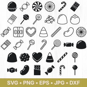 May include: A collection of black and white candy icons featuring various sweets including lollipops, chocolate bars, candy canes, heart-shaped candies, and wrapped treats. The bottom banner displays the text SVG • PNG • EPS • JPG • DXF.